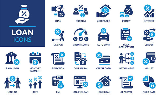 Loan icon set. Home loan and mortgage solid vector icons collection. Containing mortgage, borrow, interest, debtor, credit score, lender, installment, rate, installment, lending and more. car finance stock illustrations