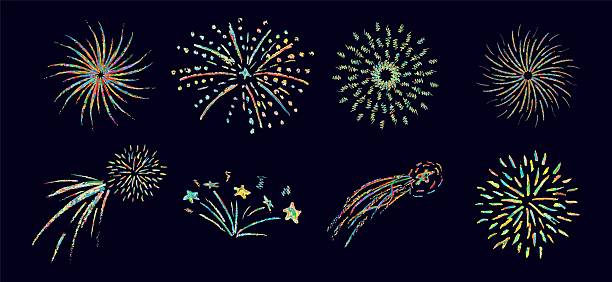 istock Fireworks cute pencil lines doodle elements for birthday, anniversary. Set of colorful rainbow sketches in style of lightning, explosion, sun rays, firecrackers, sparkles, motion effects. Vector. 2210525981