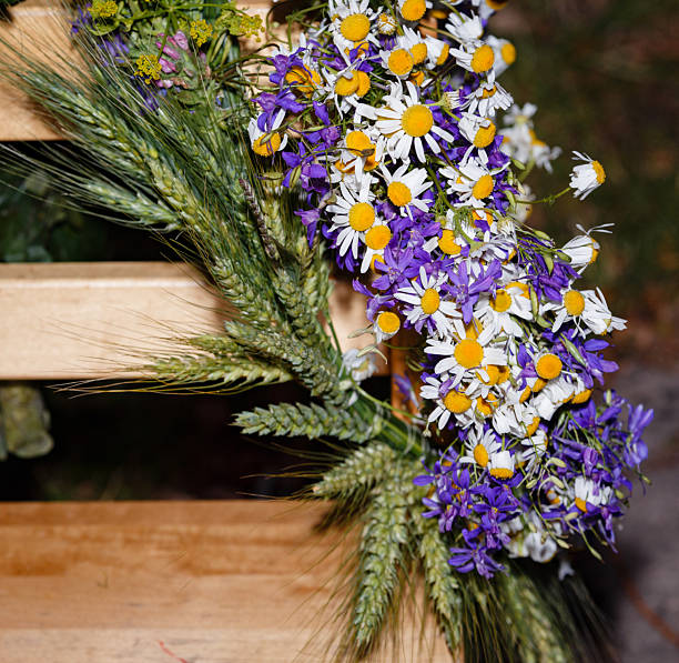 Summer solstice, girls' head decorative wreath of white daisies and cornflowers.