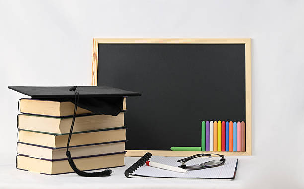 istock A tall stack of books, a square graduation cap, and a blackboard 2210541525