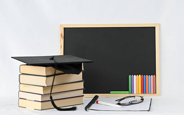 istock A graduation cap atop a stack of books beside a blackboard 2210541551