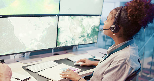 istock Computer screen, tracking or woman with headset in control room for weather pattern and monitor atmosphere maps. Meteorology, person and radar technology for climate change research and forecasting 2210543380