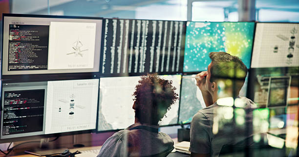 Screen, weather data and people on computer for broadcast with news, research or reporter. Presenter, ecology and professionals with forecast on media report for meteorology update for climate change