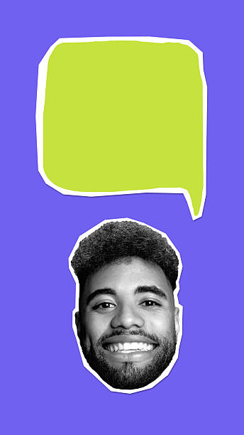 Contemporary artwork. Smiling man with bright green speech bubble on purple background. Concept of positive review