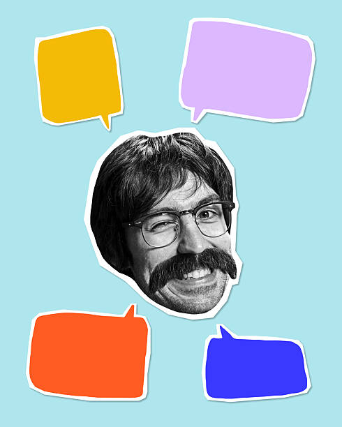 istock Conceptual artwork. Man with huge mustache surrounded by colorful speech bubbles against turquoise background. 2210545821