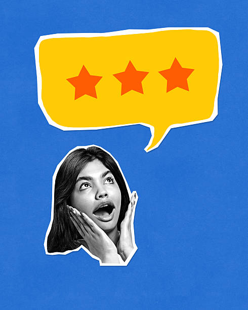 Composite image. Surprised woman under speech bubble with three red stars on yellow. Concept of feedback