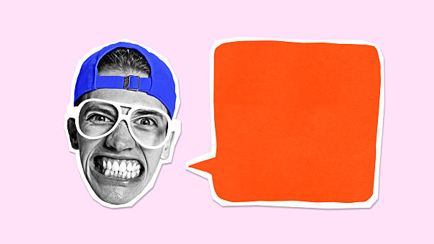 istock Contemporary composite image. Man in cap with big glasses grimacing next to bold red speech bubble against pink background. 2210545823