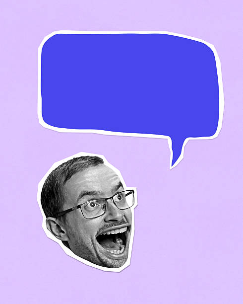 Contemporary pop art collage. Excited man with glasses under bold blue speech bubble on violet background. Concept of feedback