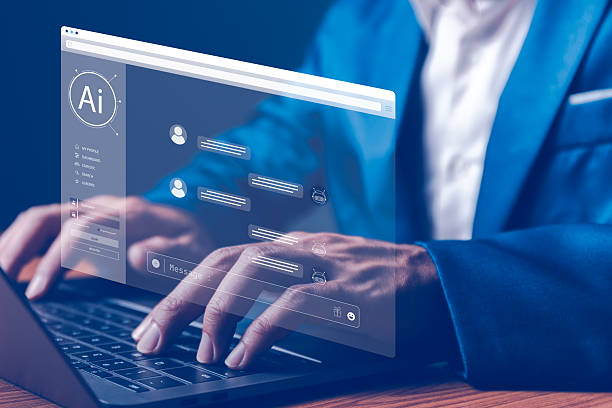 istock Man's hands used laptop, with Live Chat online communication and customer service technology, Chat with AI, Artificial Intelligence. Futuristic technology transformation. 2210546363
