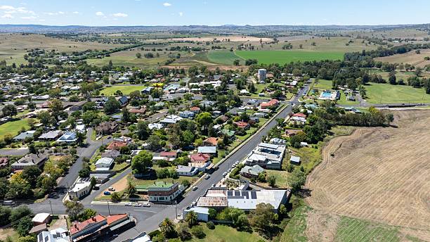 istock Aerial view of a rural town with surrounding fields. 2210546407