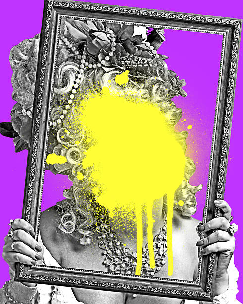 istock Contemporary artwork. Woman holding picture frame, yellow paint on face showing missing identity and silent protest. 2210550372