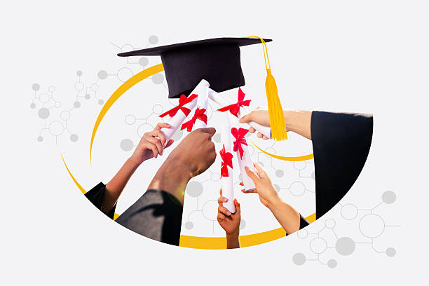 istock Trend artwork composite 3D photo collage design of success student hat study knowledge academic education hand hold together team diploma 2210551470