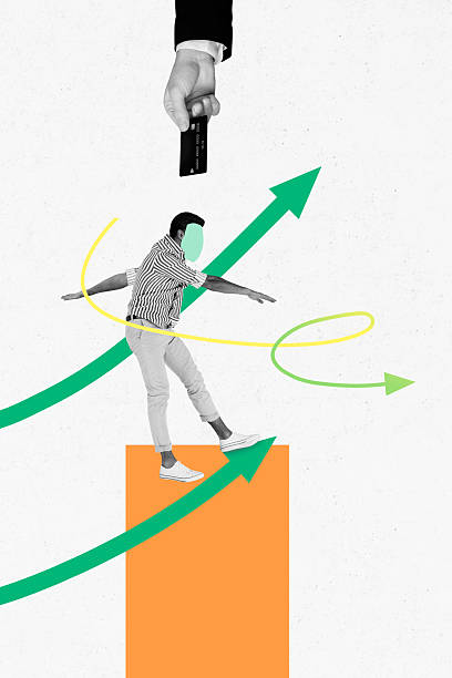 istock Vertical sketch artwork collage of anonym businessman faceless dance chart arrow progress hand offer credit card deposit income 2210551626