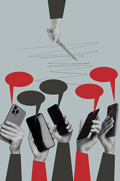 istock Poster image vertical photo collage of hands hold phone device bubble communication chatterbox speech networking crowd arms 2210552140