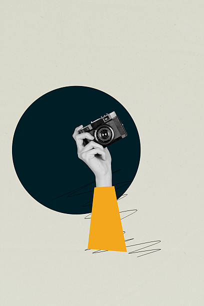 istock Poster graphics collage of hand holding demonstrate object on khaki background 2210552262