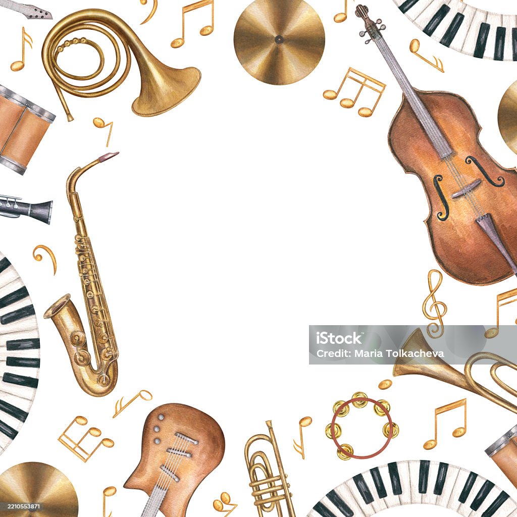 Musical Instrument Text Design Watercolor Musical Instruments Music Notes Square Frame Isolated On ...