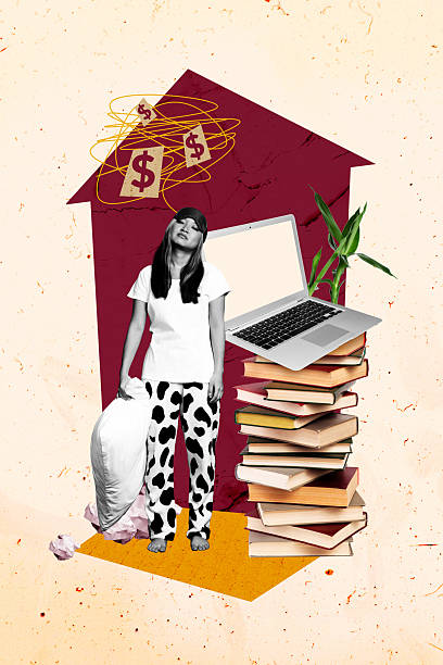 istock Template collage design trend artwork 3D sketch of human resources worker young lady drowse pile book student laptop student e-learning 2210555905
