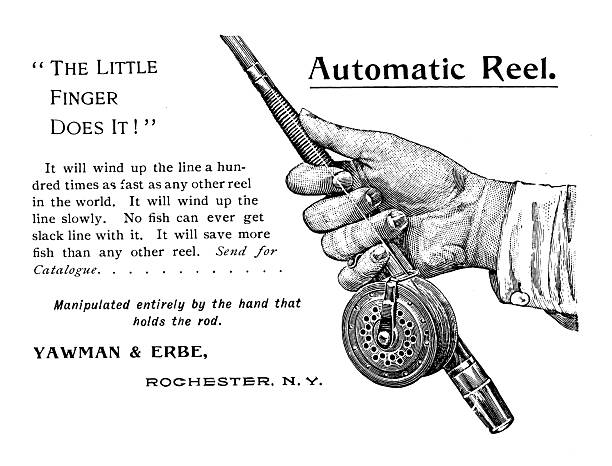 stockillustraties, clipart, cartoons en iconen met advertisement: fishing reel - visindustrie fotos