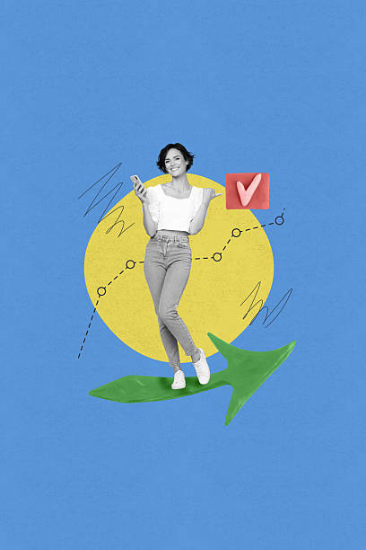 istock Poster creative collage of person stand pointer with check mark on blue background 2210558485
