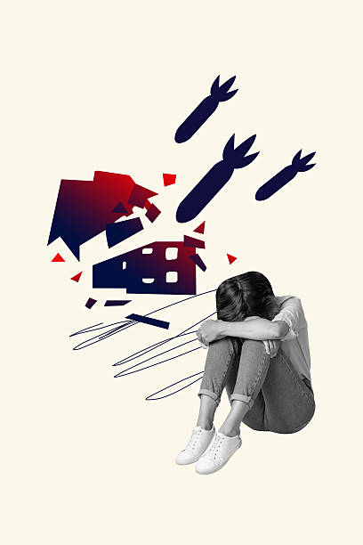 Exclusive artwork banner creative collage of puzzled girl cry rocket destruction homeless problem refugee relocation ukraine war