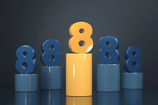 Number 8 Sitting On Orange Podium With Dark Background. Numbers Concept.