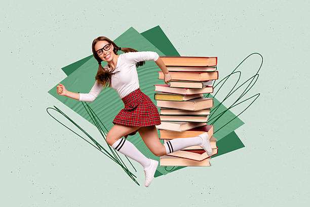 istock Creative pop poster sketch art collage of happy student girl jump book stack education concept bookworm hobby reader library 2210560385