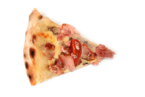 slice of pizza isolated on white background, top view.