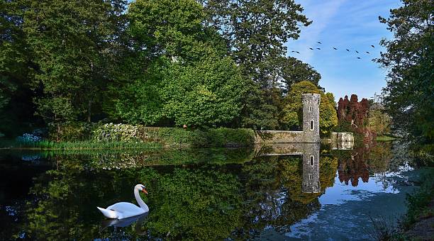 Conwy, Wales, Great Britain - October 5, 2019 - view of restored 18th century garden house, The Pin Mill, with a long rectangular lily pond in front reflecting the building, in the Bodnant Garden on the Canal Terrace