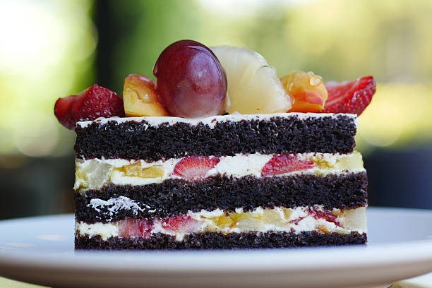 chocolate and cream cake on a plate on table .