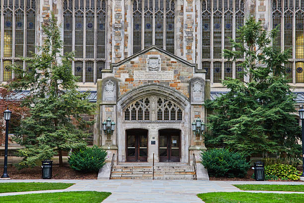 istock Gothic University Building Entrance with Stained Glass Windows 2210570811