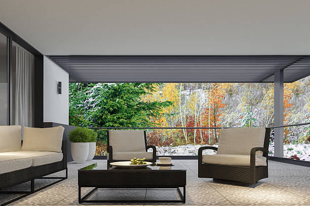 istock Modern Winter Terrace with Moroccan Tile and Mountain Forest Views 2210570837