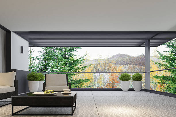 istock Modern Winter Terrace with Moroccan Tile and Mountain Forest Views 2210570839