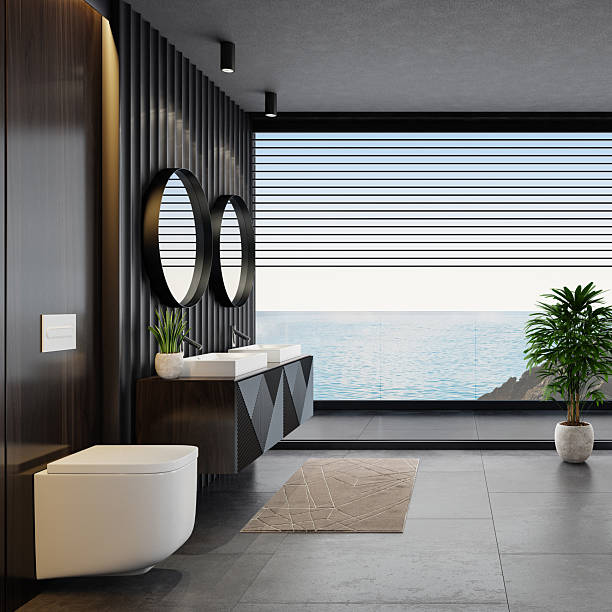 istock Contemporary Black Bathroom with Dual Mirrors and Sleek Design Elements 2210572409