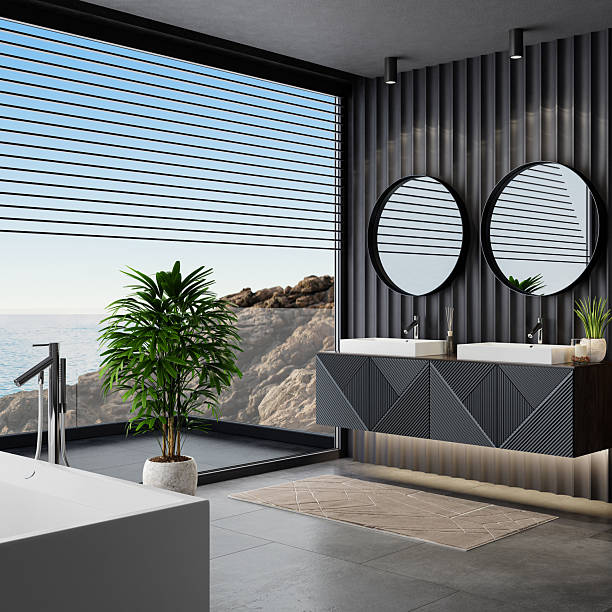 istock Contemporary Black Bathroom with Dual Mirrors and Sleek Design Elements 2210572420