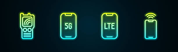 istock Set line Walkie talkie, Mobile with 5G, LTE network and wi-fi wireless. Glowing neon icon. Vector 2210573428
