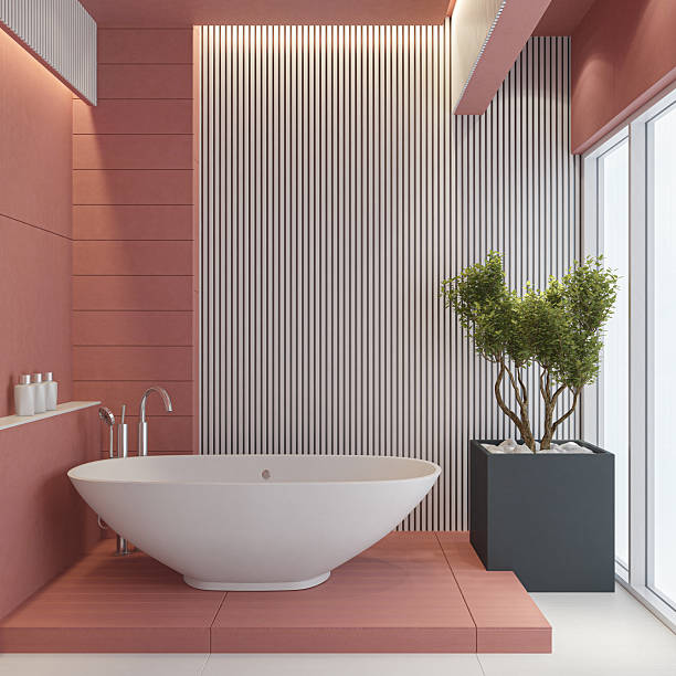 istock Modern Bathroom with Striped Wall Material and Matte Light Red Tiles 2210573470