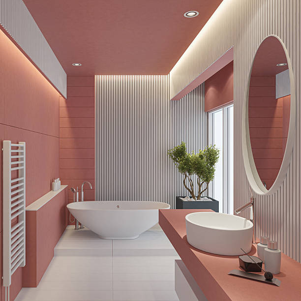istock Modern Bathroom with Striped Wall Material and Matte Light Red Tiles 2210573488
