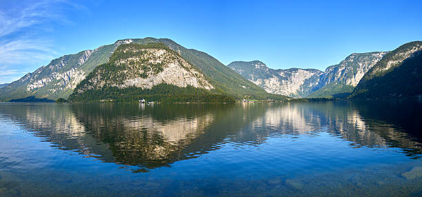Mountain reflection in scenic Hallstatt Lake looking out from Hallstatt village.