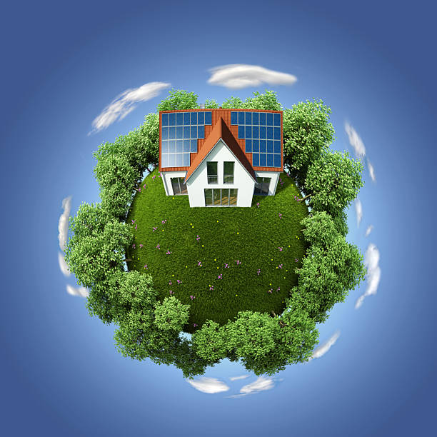 istock Fish eyes perspective of a house with solar cells 2210575914