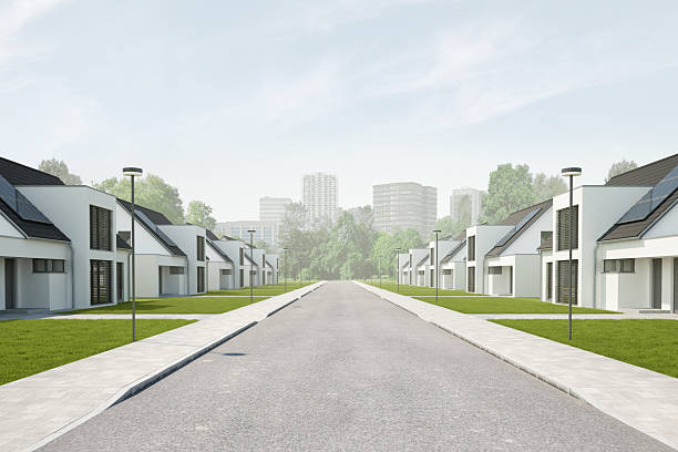 3d rendering of a road with identical modern houses