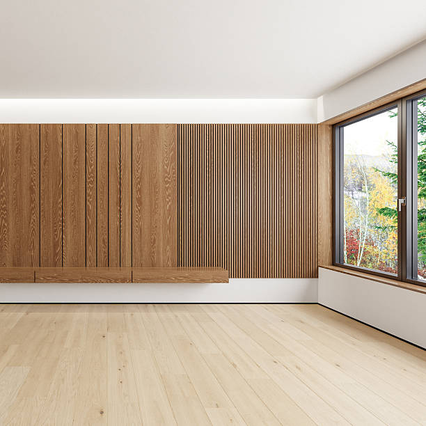 istock Modern Interior with Dark Reddish-Brown Oak Wall Paneling and Pine Yellow Parquet Flooring 2210577986