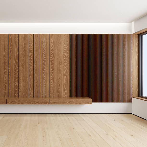 istock Modern Interior with Dark Reddish-Brown Oak Wall Paneling and Pine Yellow Parquet Flooring 2210578038