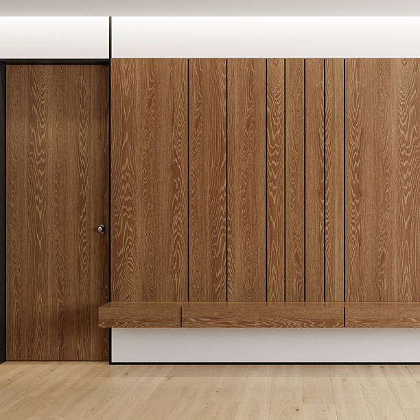 istock Modern Interior with Dark Reddish-Brown Oak Wall Paneling and Pine Yellow Parquet Flooring 2210578068