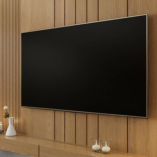 istock Modern Living Room with Wall-Mounted TV on Pine Textured Wall Paneling 2210579495