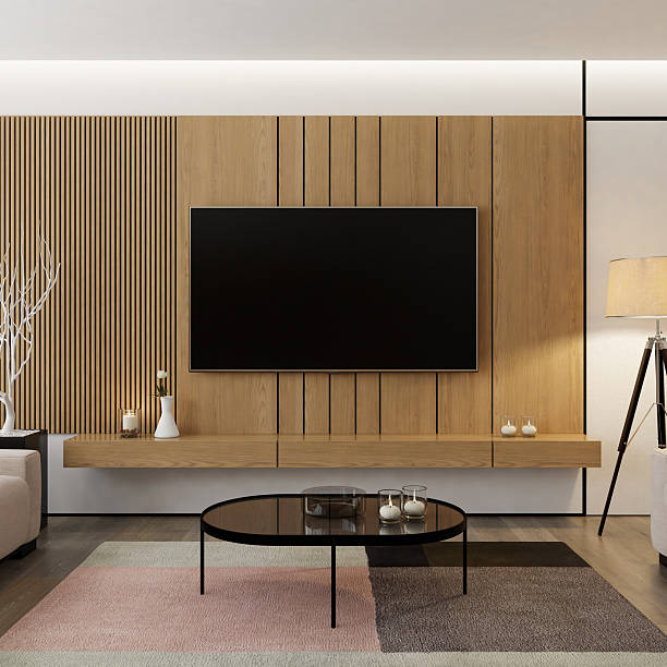 istock Modern Living Room with Wall-Mounted TV on Pine Textured Wall Paneling 2210579500