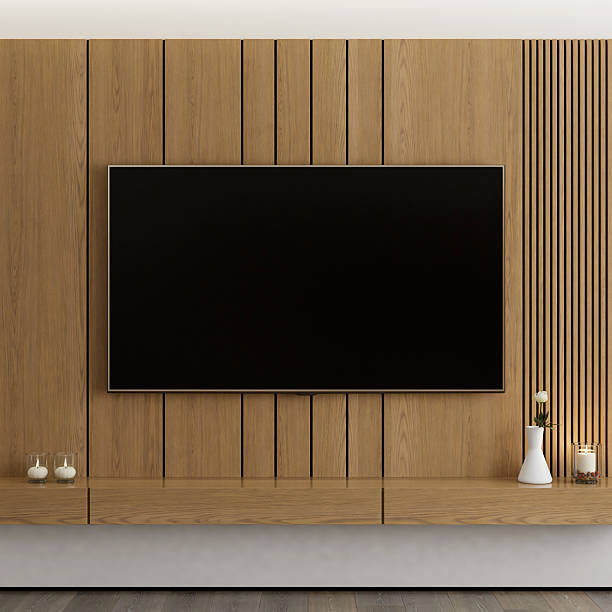 istock Modern Living Room with Wall-Mounted TV on Pine Textured Wall Paneling 2210579553