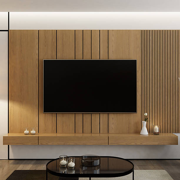istock Modern Living Room with Wall-Mounted TV on Pine Textured Wall Paneling 2210579568