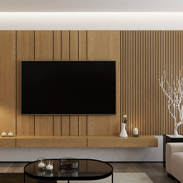 istock Modern Living Room with Wall-Mounted TV on Pine Textured Wall Paneling 2210579571