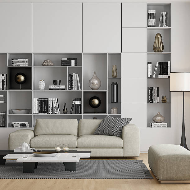 istock Ultra-Modern Living Room with Large Sofas, Bookshelves, and Hidden LED Lighting 2210580564