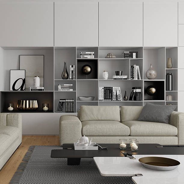 istock Ultra-Modern Living Room with Large Sofas, Bookshelves, and Hidden LED Lighting 2210580757